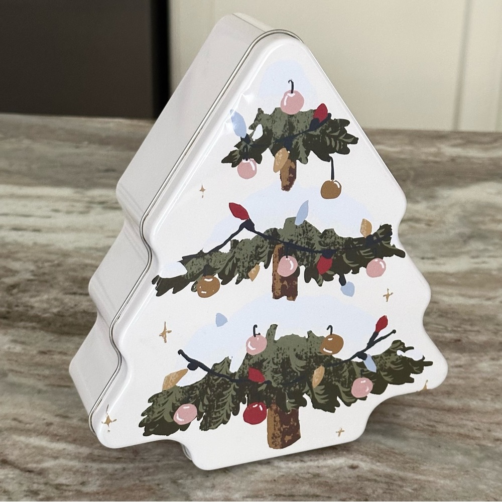Snow Covered Christmas Tree Shaped Holiday Tin - Cookie Canister Candy Storage